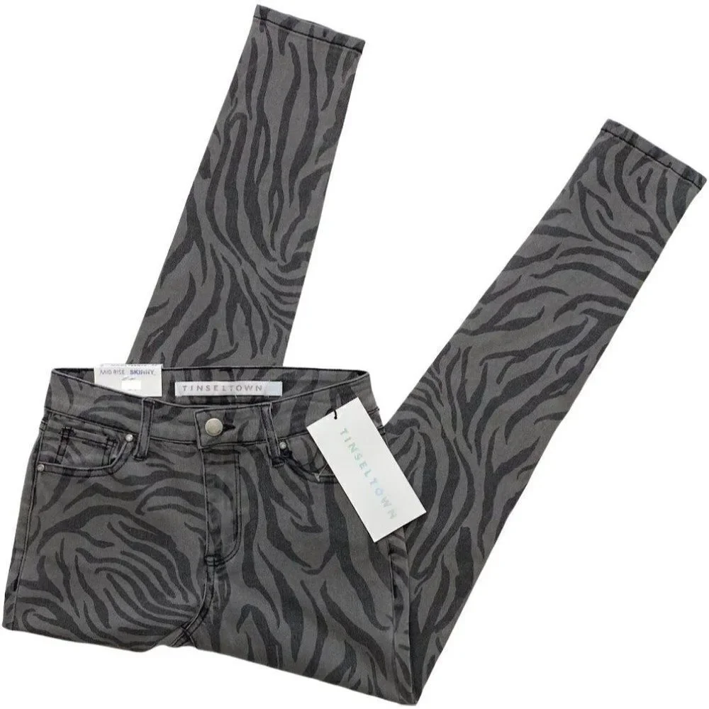 Skinny Ankle Jeans Juniors' 1 25 XS Gray Zebra Animal Print Stretchy Pockets NEW